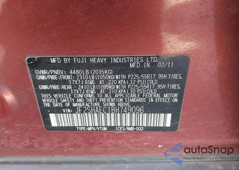 2011 Subaru Forester Limited from USA, damaged, VIN JF2SHAEC1BH749096